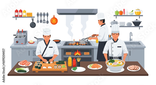 Busy commercial kitchen showcases japanese chefs and diverse cuisine options