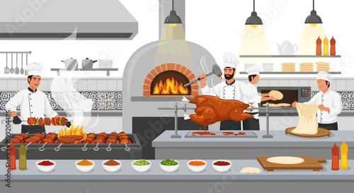 Busy commercial kitchen with chefs preparing delicious meals and dishes