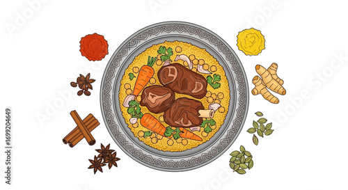 Captivating hand-drawn couscous with lamb, vegetables, and aromatic spices