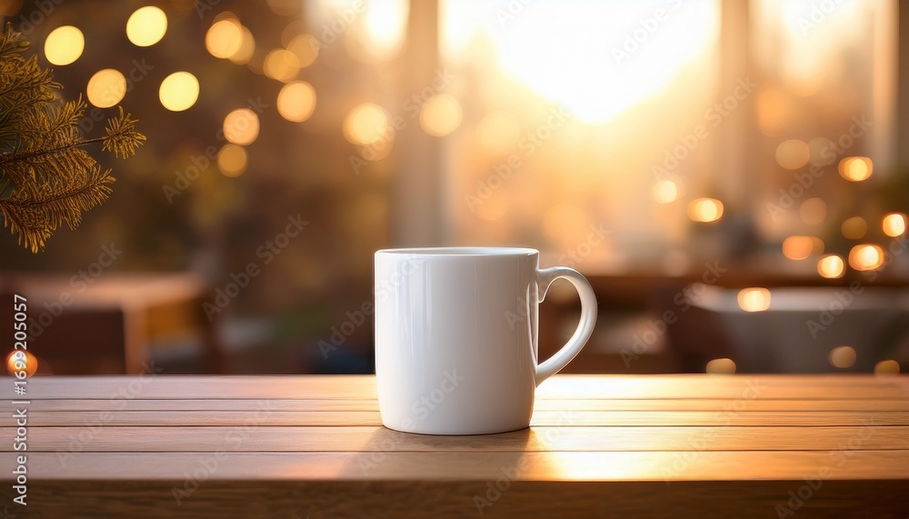 Obraz premium Elegant White Mug On Wooden Table Surrounded By Warm Natural Light Creating A Cozy Inviting Atmosphere