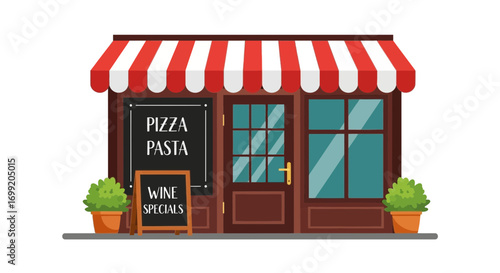 Charming Italian Eatery Front with Striped Awning and Menu Blackboard