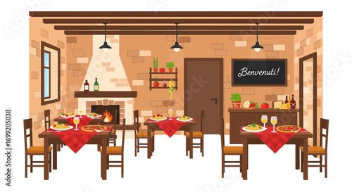 Charming Italian Restaurant Interior Scene with Cozy Ambiance and Delicious Food