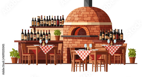 Charming italian restaurant interior with wine bottles and brick pizza oven
