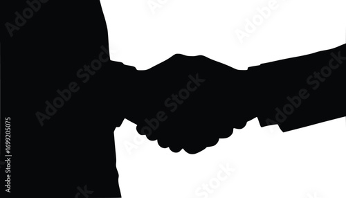 A silhouette of two hands shaking, shown in a close-up against a white background. The image is a vector illustration.

