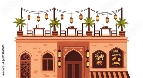 Charming Moroccan Restaurant Facade with Rooftop Dining and Festive Decor