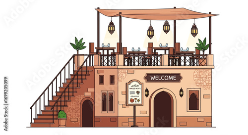 Charming Middle Eastern restaurant illustration with outdoor terrace seating