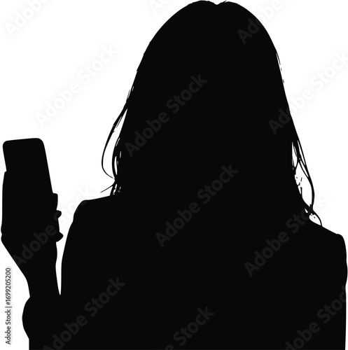 A silhouette of a person, holding a smartphone in their hand, is shown against a white background. The person's long hair falls over their shoulders. The image is a vector illustration.