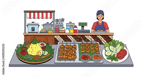 Colorful Indonesian Food Stall with Nasi Tumpeng, Sate, and Fresh Vegetables
