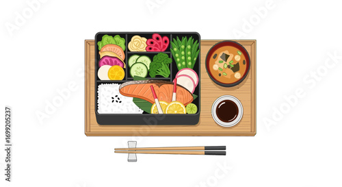 Colorful Japanese Bento Box Illustration with Salmon and Miso Soup Composition