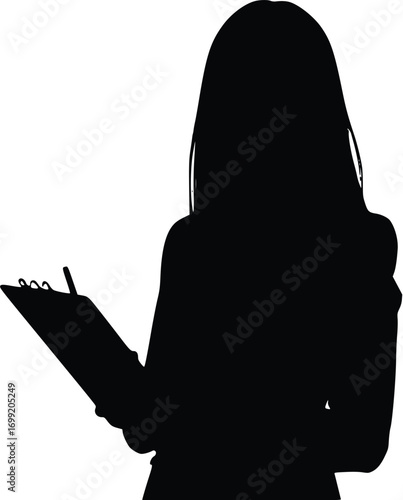 A silhouette of a person, holding a clipboard and a pen, is shown against a white background. The person's long hair falls over their shoulders. The image is a vector illustration.

