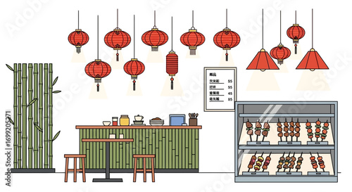 Cozy Asian Bistro Interior with Skewered Meats and Traditional Decor