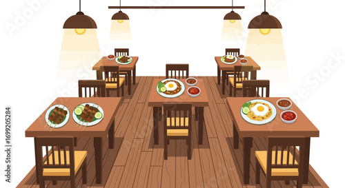 Cozy Asian Restaurant Interior with Traditional Dishes and Wooden Decor