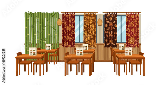Cozy indonesian restaurant interior with wooden tables and bamboo decor