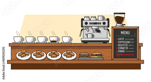 Cozy coffee shop illustration featuring espresso machine and baked goods