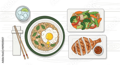 Delicious asian cuisine illustration with fried rice and grilled chicken