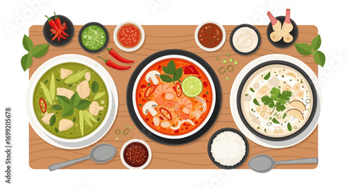 Delicious array of thai soups on a wooden board, culinary delight