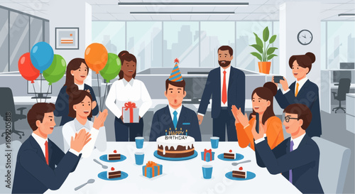 Office birthday party celebration with cake balloons and gifts coworkers celebrating happy birthday event at work vector
