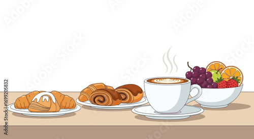 Delicious breakfast composition with pastries, coffee and fresh colorful fruits