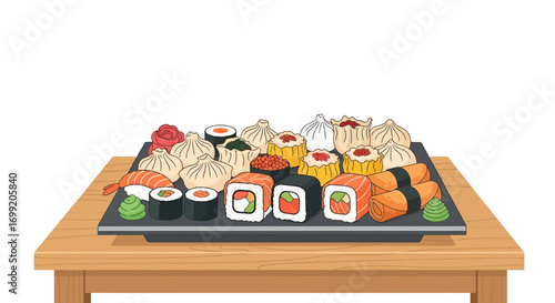 Delicious assortment of sushi, dim sum, and asian cuisine on dark tray