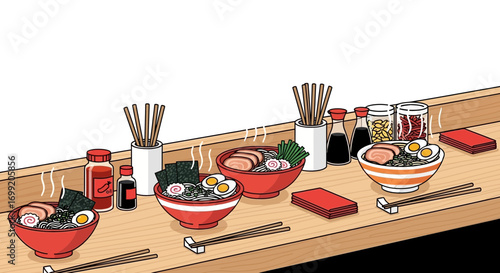 Delicious bowls of authentic ramen served on wooden counter background