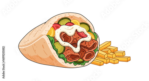 Delicious cartoon gyro with tender meat and crispy fries delight