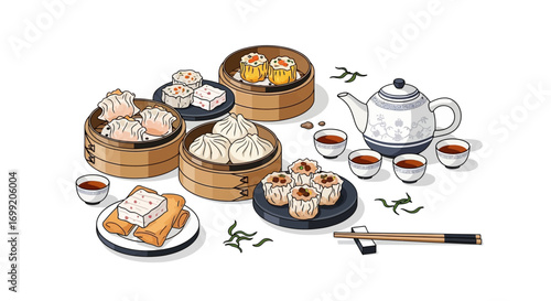 Delicious Dim Sum Variety Displayed with Traditional Tea Set and Chopsticks