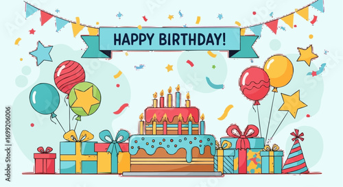 Happy birthday party celebration with cake balloons and gifts vector illustration design template free vector
