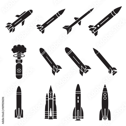 Missile and Rocket Vector Icon Set – Military Weapons, Bombs, Nuclear and Defense Technology
