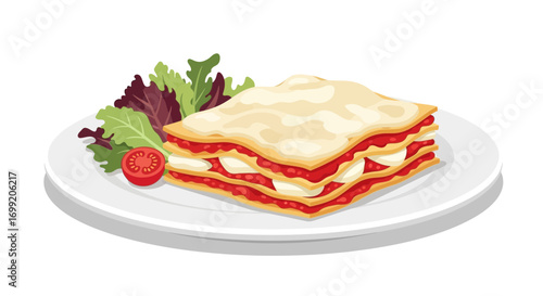 Delicious lasagna portion on plate complemented with fresh salad garnish