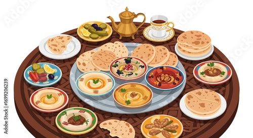 Delicious Middle Eastern mezze platter with hummus and flatbread arrangement