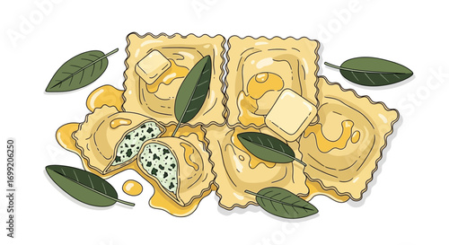 Delicious ravioli pasta with spinach and ricotta filling, served with butter