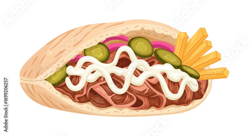 Delicious Shawarma in Pita Bread with Fresh Vegetables and Crispy Fries