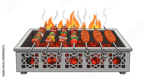 Delicious skewers cooking over a flaming grill, culinary barbecue delight