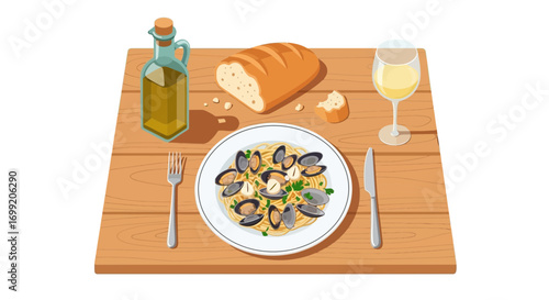 Delicious spaghetti alle vongole served with crusty bread and white wine