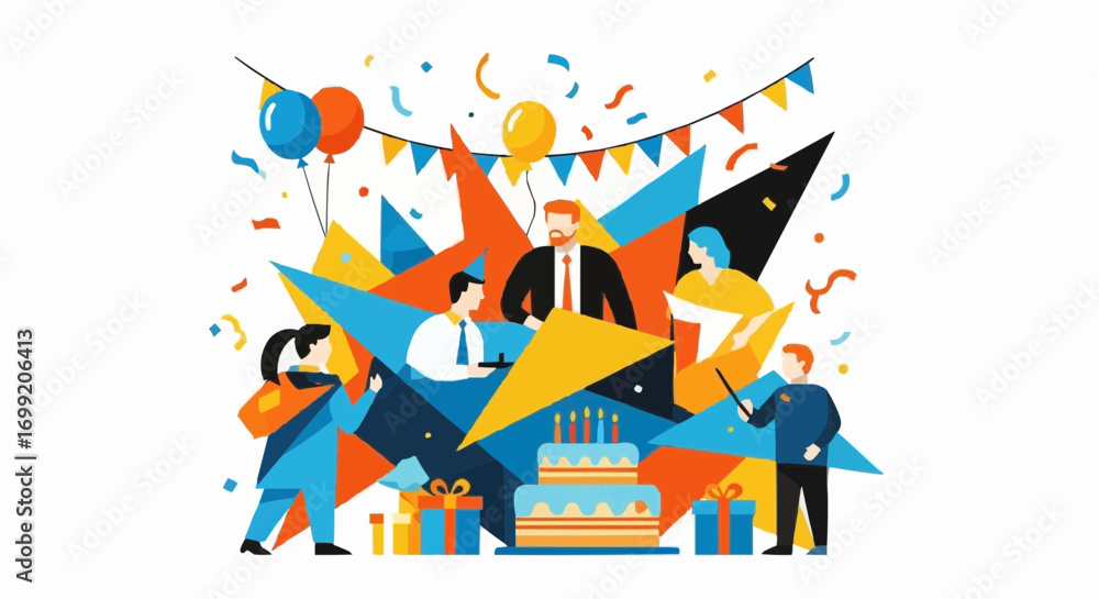 Obraz premium Celebrate birthday party with cake balloons and gifts for office team members and festive decorations vector