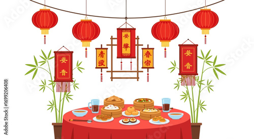 Delightful Chinese New Year Feast with Traditional Decorations and Cuisine