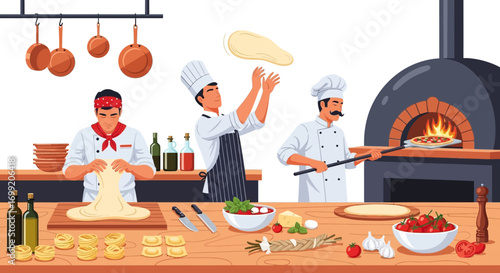 Delightful cartoon illustration showcasing the pizza making process
