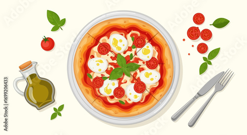 Delightful Margherita Pizza Art with Fresh Basil and Tomato Slices