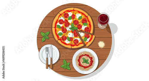Delightful italian feast illustration featuring pizza spaghetti and red wine