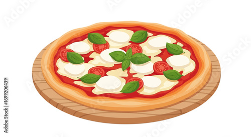 Delightful Margherita Pizza Illustration on Wooden Board Isolated View