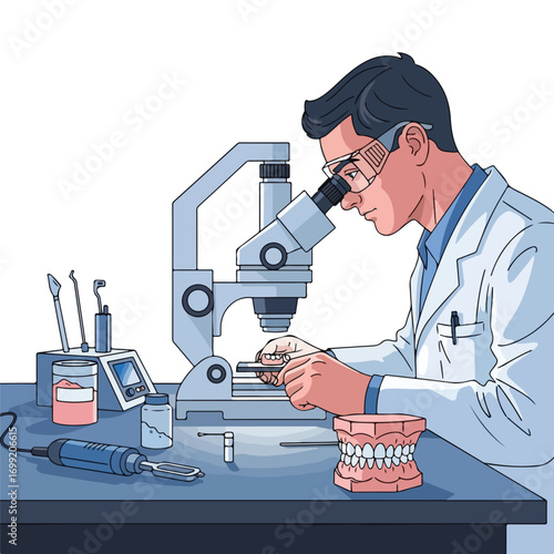 Dental technician meticulously working on a prosthesis with a microscope.