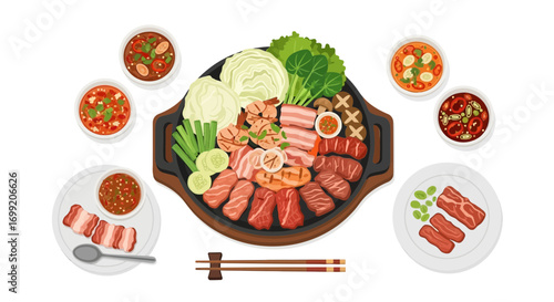 Diverse Korean barbecue spread with meats, vegetables, and dipping sauces