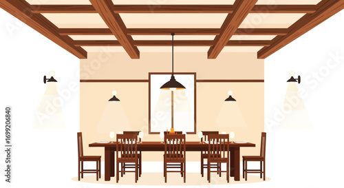 Elegant dining room with wooden beams and a long table setting arrangement