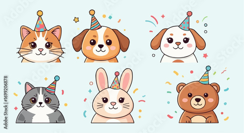 Cartoon animal party vector: cute cat dog rabbit bear with party hats and confetti for birthday celebration vector