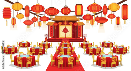 Elegant Chinese wedding venue adorned with traditional red lanterns and banquet tables