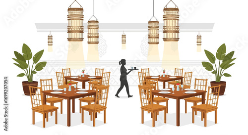 Elegant restaurant interior with waiter and ambient lighting illustration