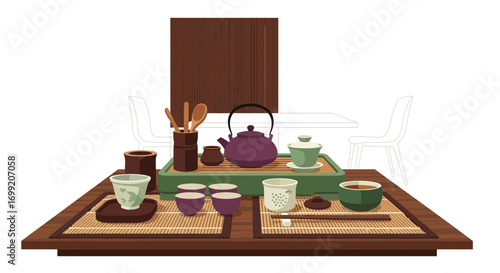 Elegant tea ceremony setup with traditional teapot and cups on the table