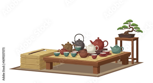 Elegant tea ceremony arrangement with bonsai tree and stacked mat