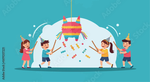 Celebrate birthday party with kids hitting piñata vector illustration fun happy children party celebration game vector