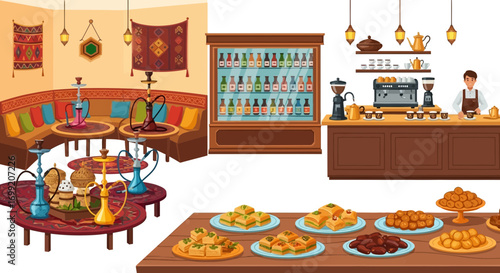 Enchanting middle eastern cafe with traditional hookahs and tempting sweets